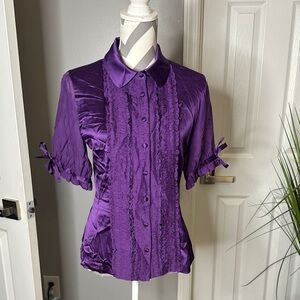 Arden B Satin Blouse in Deep Purple with Ruffle Accents